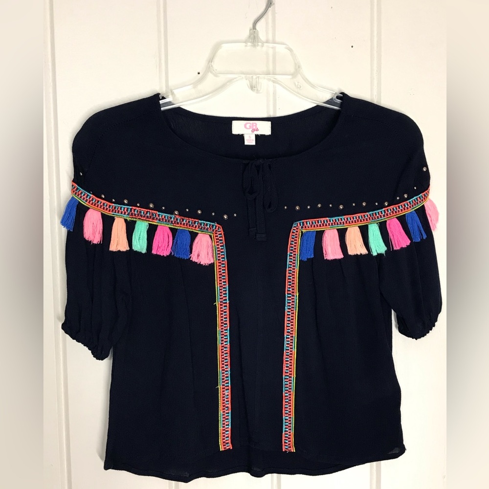 Gianni Bini GB Girls SS Navy Blue Blouse Multicolor Tassels & Stitching
Dressy